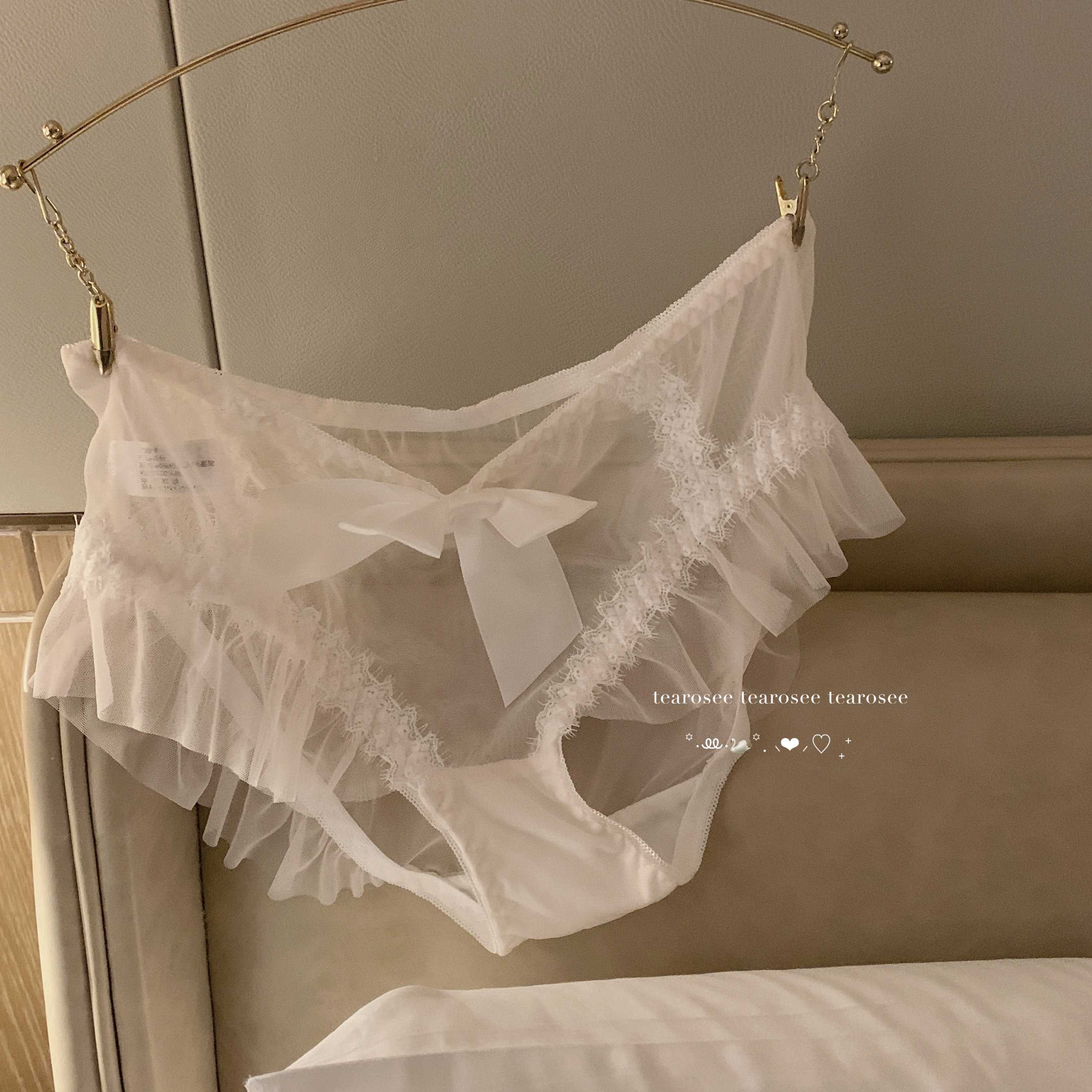 tearosee公主日记 网纱透明日系性感蝴蝶结透气中腰三角内裤女