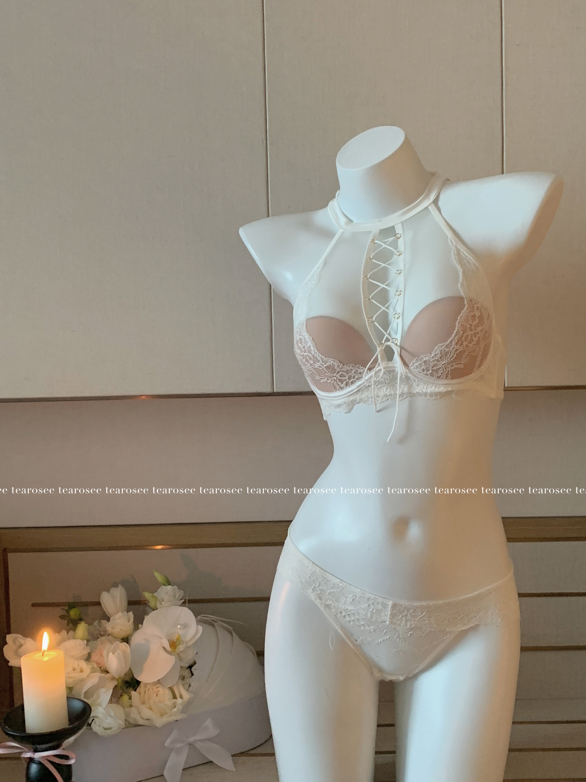 tearosee 嗲精穿搭 性感内搭绑带挂脖有垫聚拢纯欲内衣文胸套装