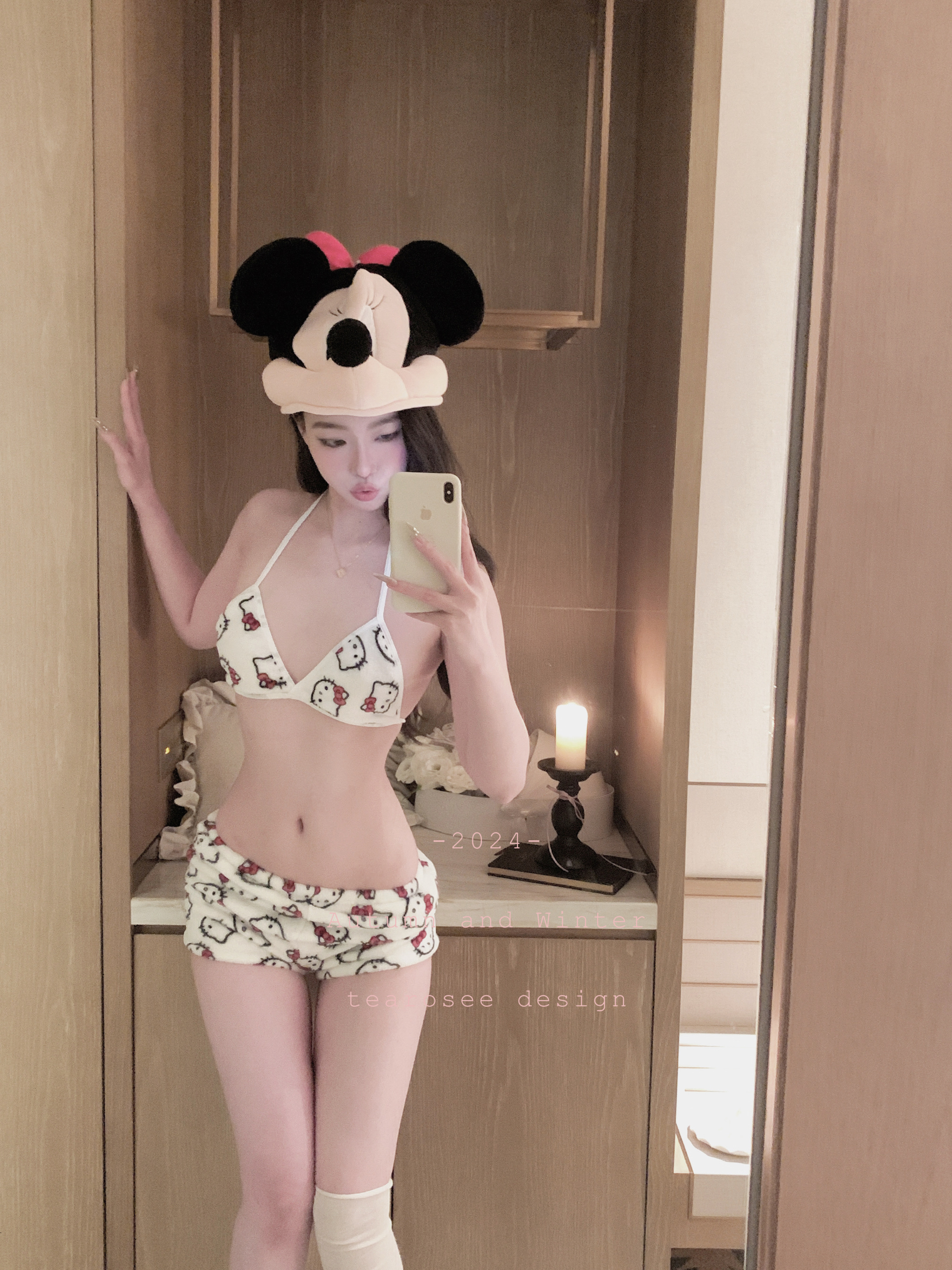 tearosee 毛绒凯蒂 三角杯睡衣家居泳衣珊瑚绒短裤挂脖绑带外穿