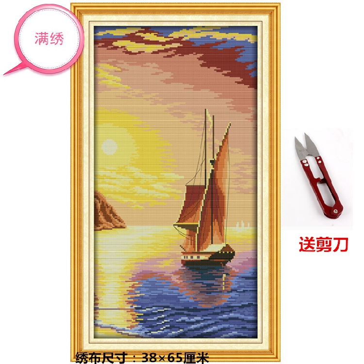 简单印花十字绣客厅卧室书房走廊包厢大海风景刺绣挂画黄昏的海