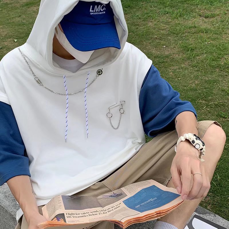 2022拼接色短袖T恤连帽卫衣男生夏季宽松港风宽松半袖上衣B34P30,男装卫衣,星座1116-2