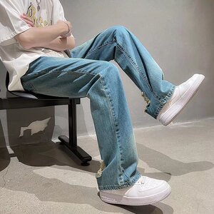 青少年牛仔裤男男高街ins潮痞帅气休闲裤宽松长裤N9005P42图片