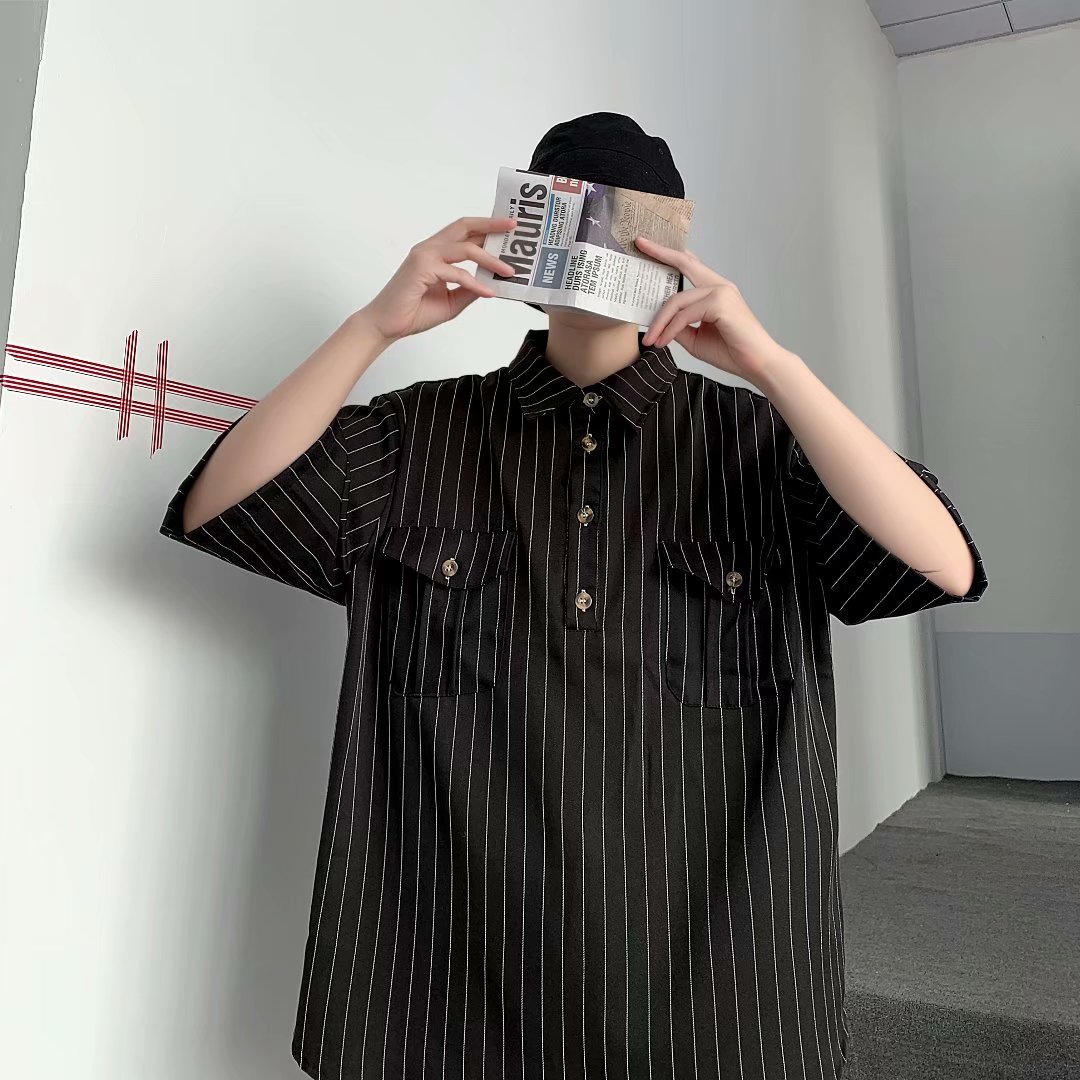 男士棉休闲条纹五分衬衫短袖半袖衬衣宽松C202图片
