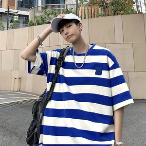 2023夏季新款男士T恤宽松潮牌圆领ins韩版潮流条纹半袖短袖B35P25图片