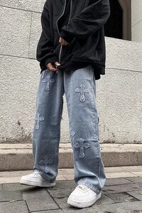 美式街头复古嘻哈潮流破洞牛仔裤vibe风裤直筒宽松长裤N3892P45图片