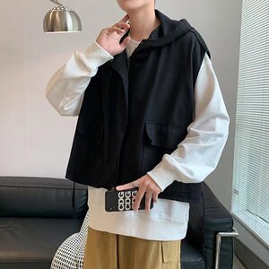 卫衣马甲男春秋季潮牌ins港风开叉连帽无袖背心MJ08P35图片