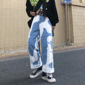 潮蓝天白云白蓝渐染渲色牛仔裤男女N908P45