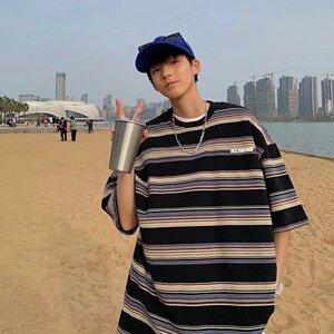 五分袖条纹青春流行男夏季宽松型圆领潮流潮城市风貌T恤BC007P25图片