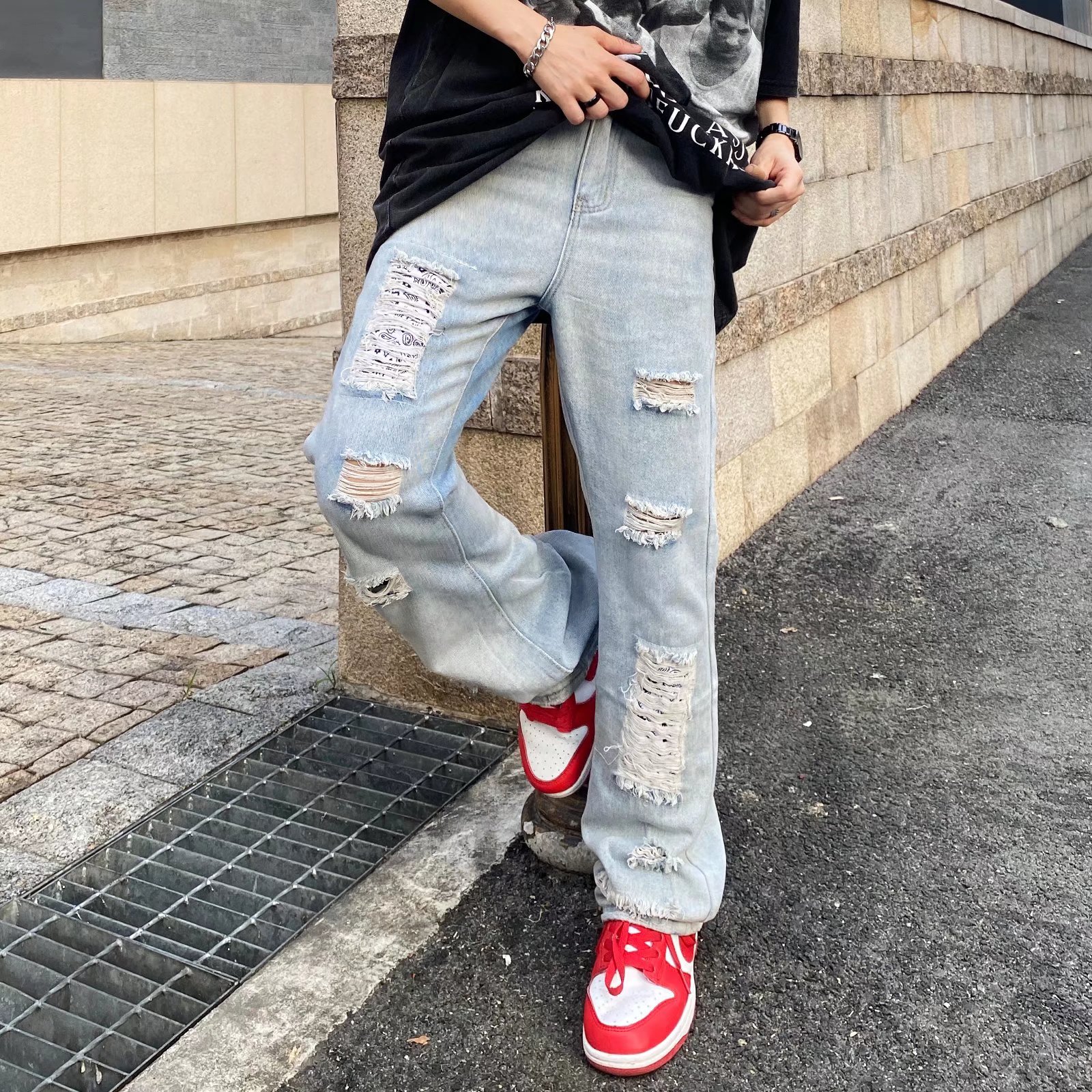 TLKS美式高街水洗做旧破洞牛仔裤欧美hiphop宽松直筒长裤NB19P50图片