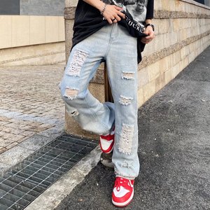 TLKS美式高街水洗做旧破洞牛仔裤欧美hiphop宽松直筒长裤NB19P50图片