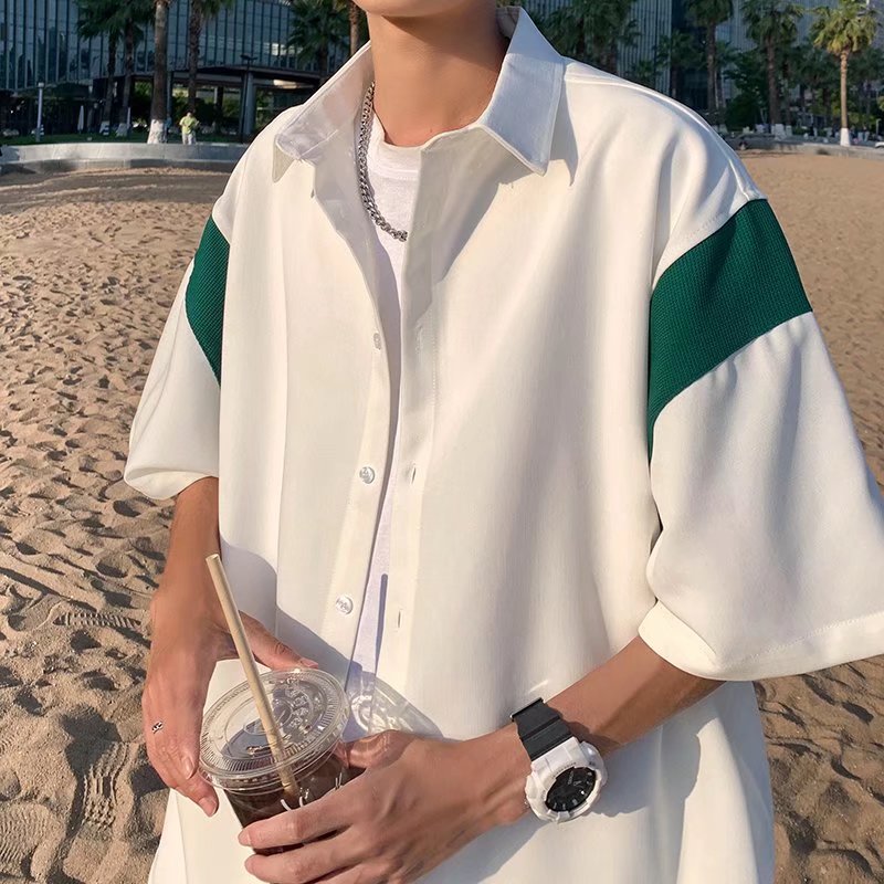 日系cityboy拼色衬衫男短袖夏季半袖ins潮休闲衬衣外套薄X86P28图片