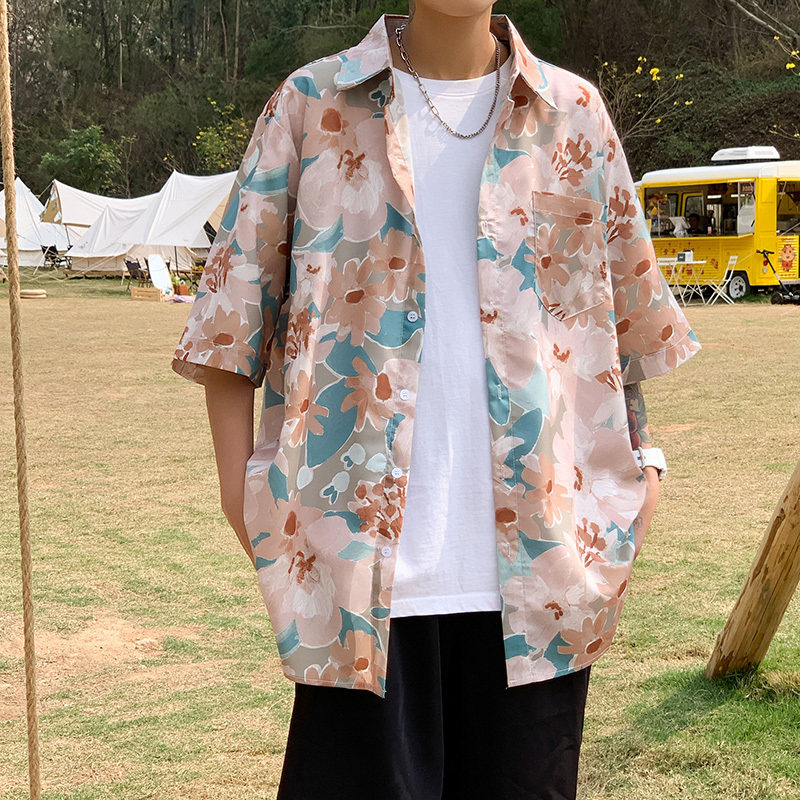夏季新款男慵懒休闲衬衫五分袖衬衫海滩碎花外套薄上衣CS42图片