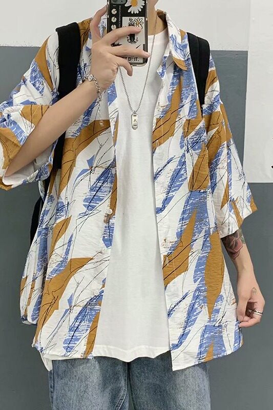 夏季男士潮牌短袖衬衫男宽松休闲半袖寸衫五分袖衬衣外套W1030P33,男装衬衫,星座1116-2
