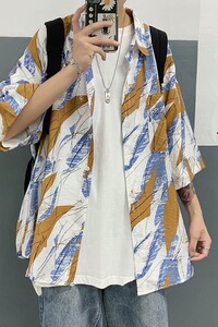 夏季男士潮牌短袖衬衫男宽松休闲半袖寸衫五分袖衬衣外套W1030P33图片