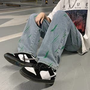 潮欧美高街vibe风嘻哈复古宽松直筒长裤ins刺绣牛仔裤男N741P45图片