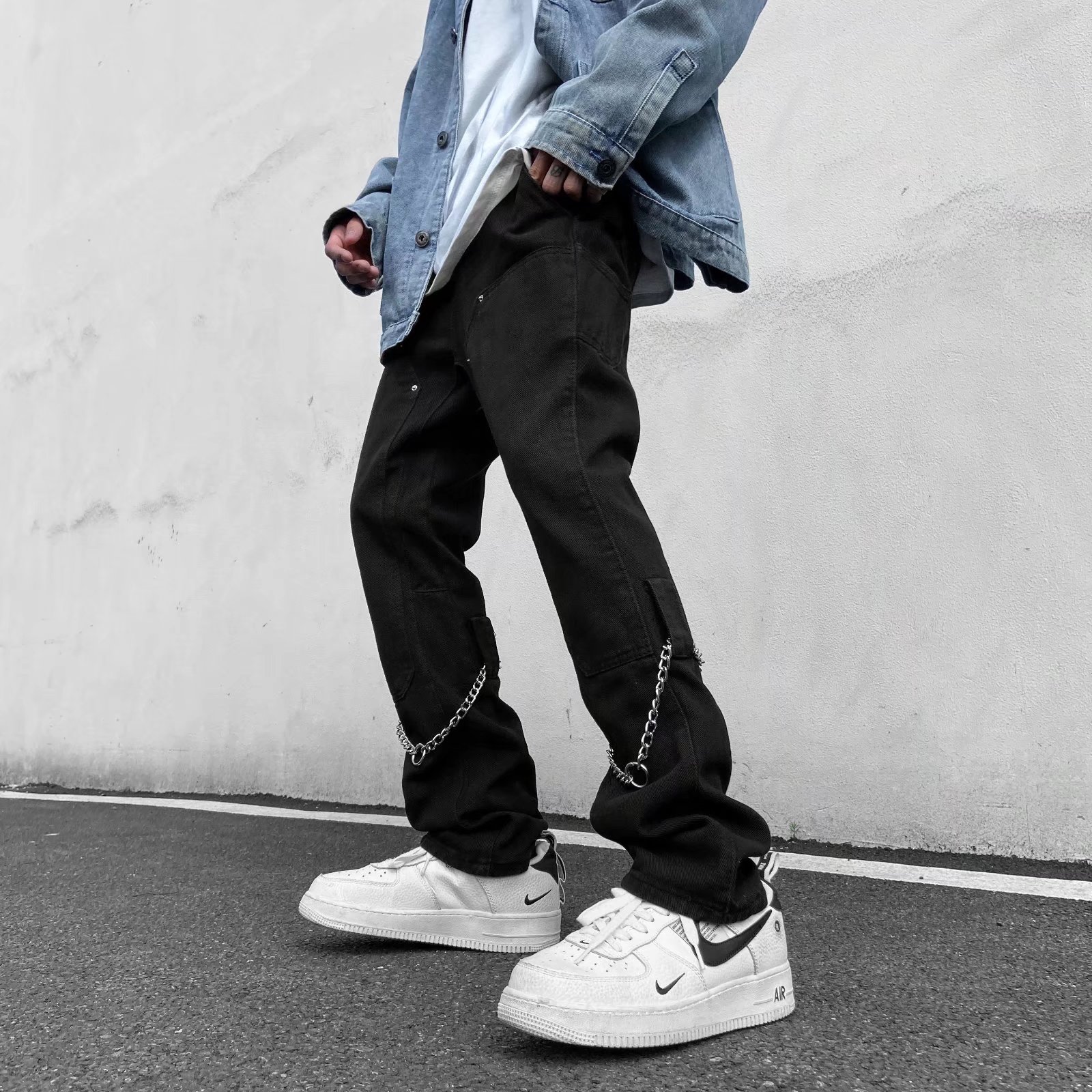 美式别致设计感牛仔裤直筒链条hiphop炸街裤子男NG38P50图片