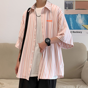 男士七分袖衬衫条纹流行短袖衬衣C064,玫红色和什么颜色搭配高级图片
