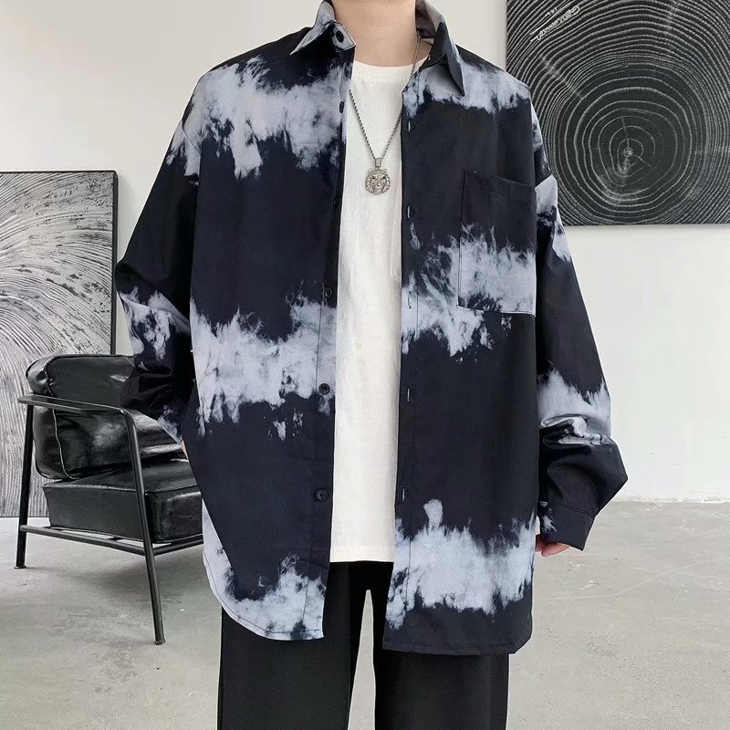 男秋季长袖衬衫暗黑风纯色扎染衬衣C804P35图片
