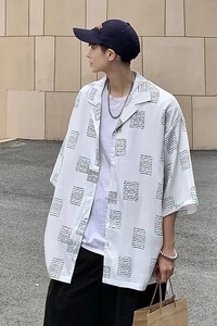 欧美风文艺报纸印花五分袖男冰丝衬衣夏季薄款短袖潮牌C326P33图片