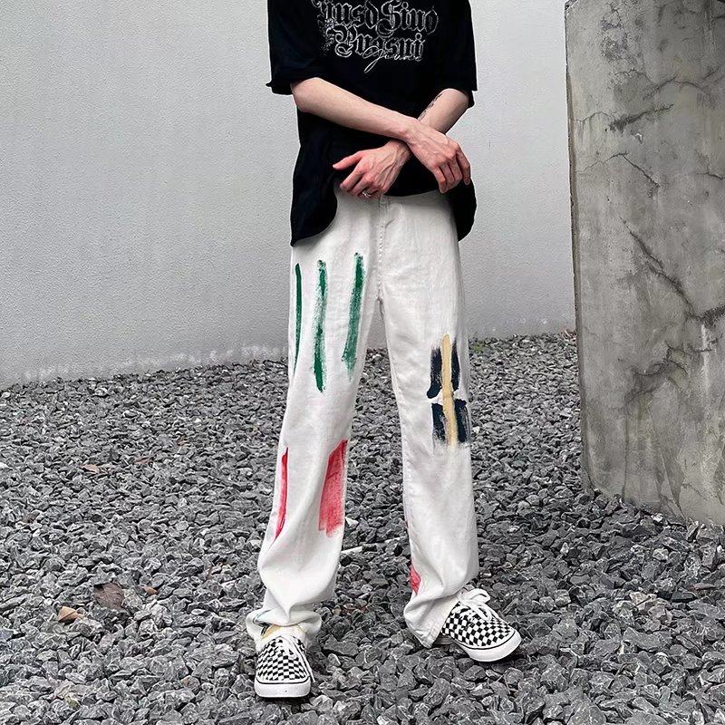 夏季裤子高街ins潮牌泼墨牛仔裤直筒宽松百搭休闲裤男NG093P40图片