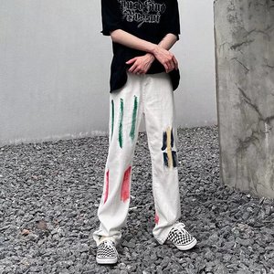 夏季裤子高街ins潮牌泼墨牛仔裤直筒宽松百搭休闲裤男NG093P40图片