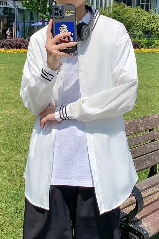 长袖衬衫男士宽松潮流纯黑色衬衣韩版百搭休闲外套衣服C9643P28,男装衬衫,星座1116-2