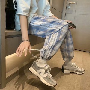2021年新款男休闲裤九分裤格纹裤子款式束脚青少年运动裤K303P30图片