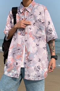 夏季新款男慵懒休闲衬衫五分袖衬衫海滩碎花外套薄上衣CS42图片