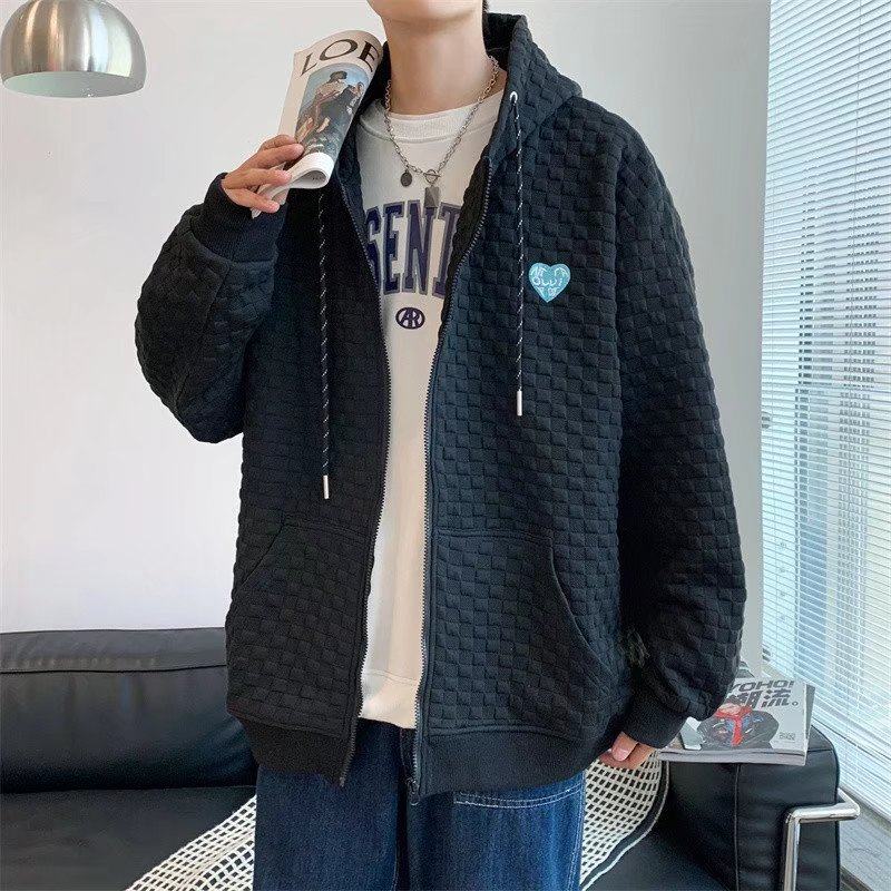 男秋季新款华夫格连帽外套卫衣大码夹克开衫J041P35图片