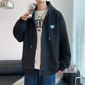 男秋季新款华夫格连帽外套卫衣大码夹克开衫J041P35图片