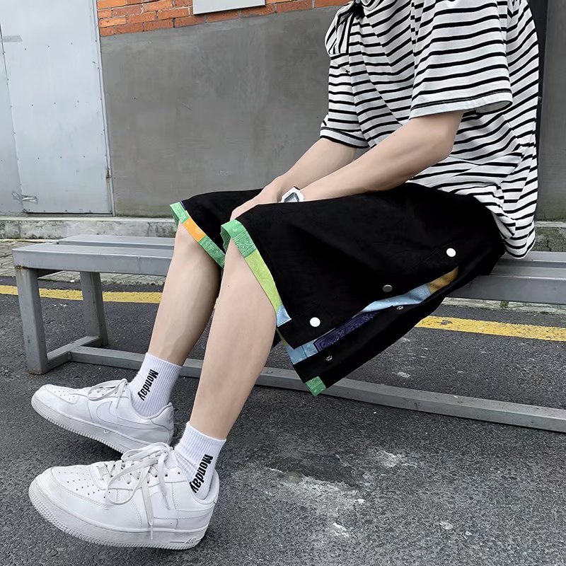 男ins潮牌痞帅休闲束脚裤oversize排扣运动短裤DK13P28图片