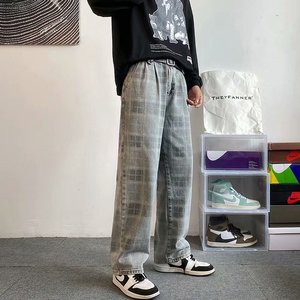 格子高街牛仔裤男秋季宽松直筒阔腿裤K7050P42图片
