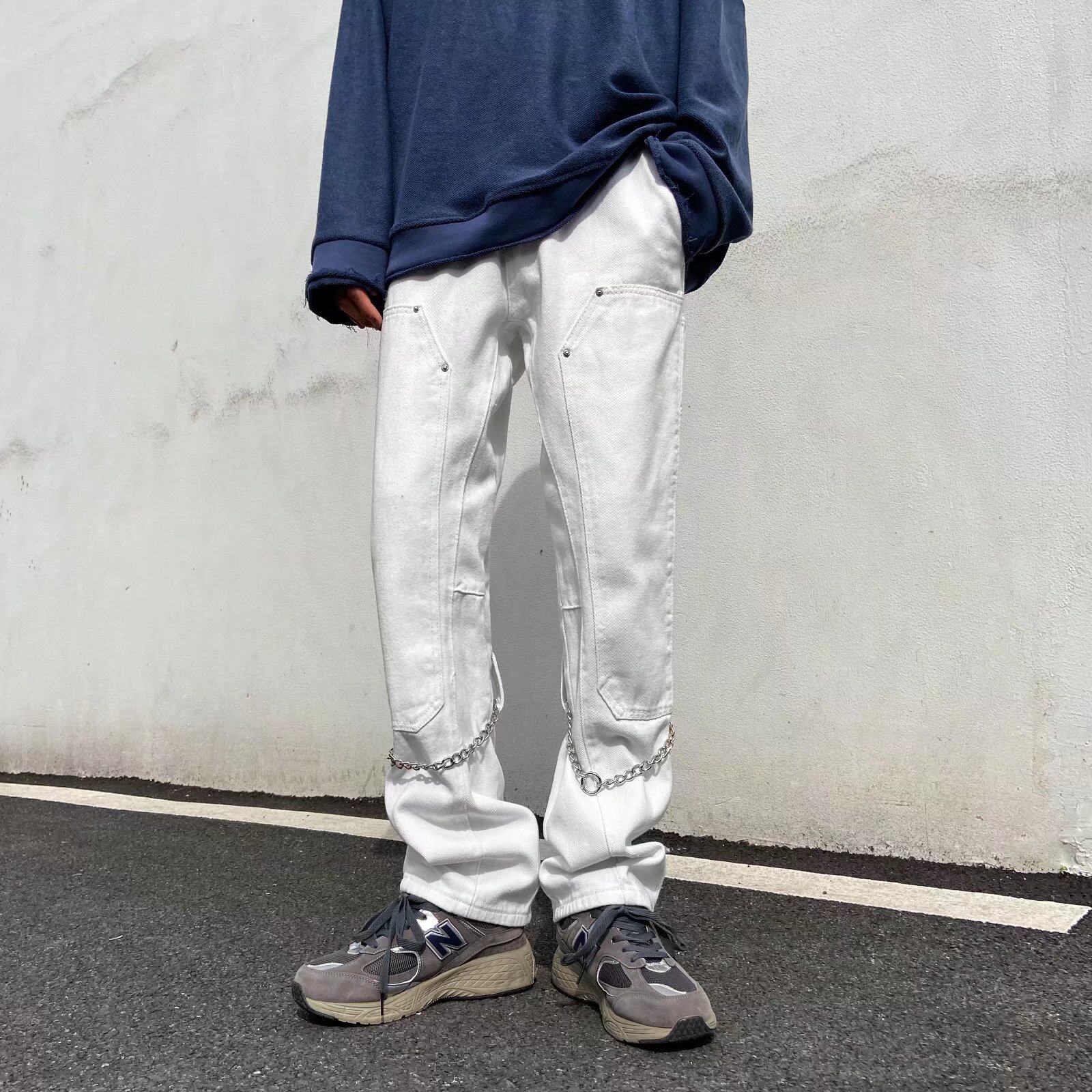 白色牛仔裤男宽松直筒vibe风小众设计链条hiphop炸街NG38P50图片
