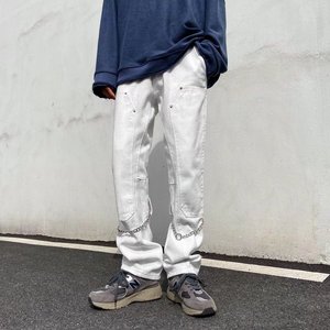 白色牛仔裤男宽松直筒vibe风小众设计链条hiphop炸街NG38P50图片