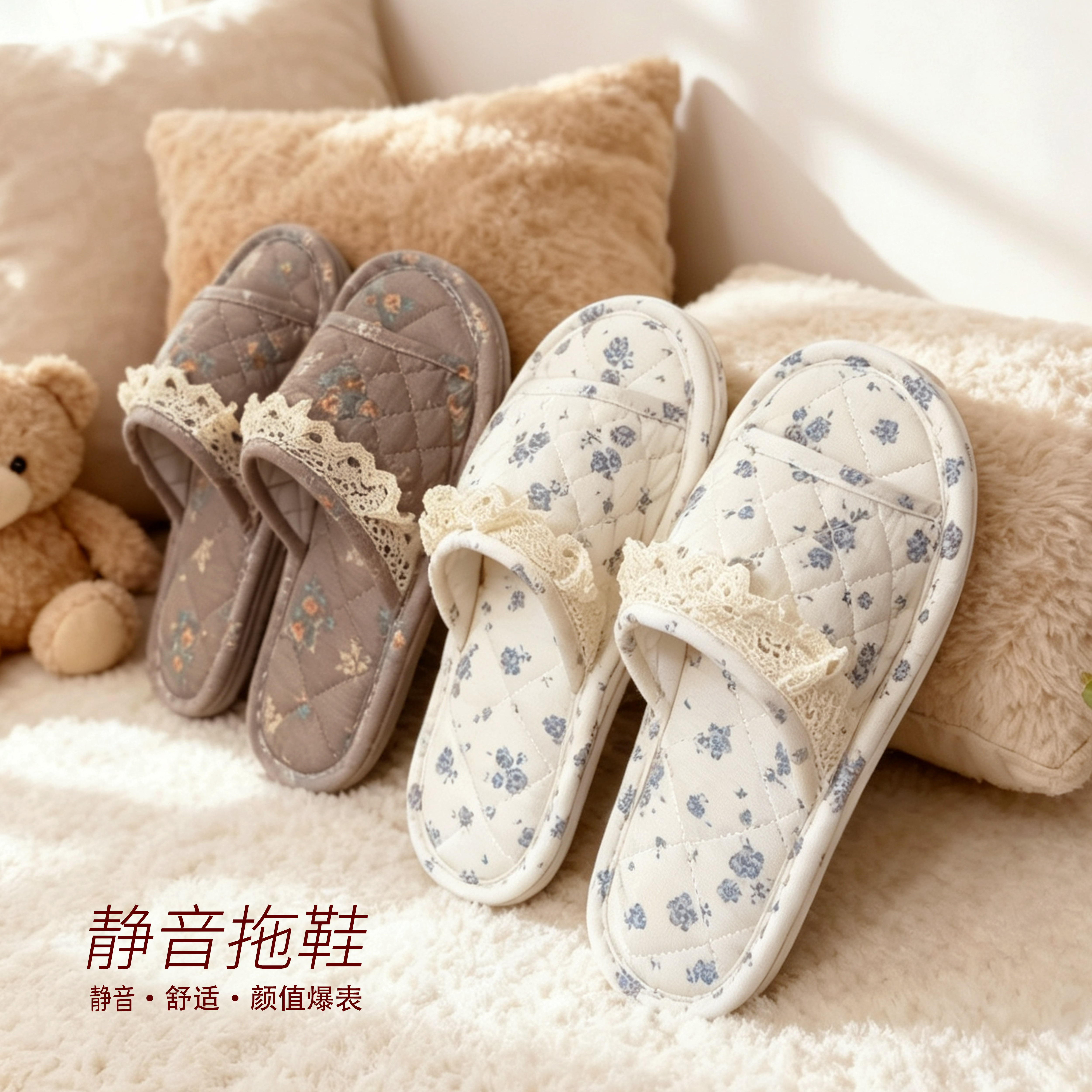 居家静音拖鞋棉布底少女心碎花卧室拖家用情侣加厚四季布底地板拖