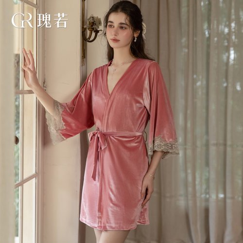法式秋冬睡衣女丝绒深V低胸诱惑露背睡衣吊带睡裙外袍家居服套装