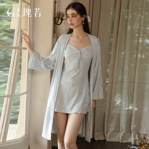 法式秋冬睡衣丝绒压花带胸垫甜美系带修身吊带睡裙外袍家居服套装
