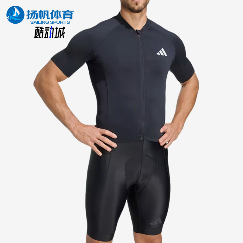 Adidas/阿迪达斯正品短袖拉链口袋男黑色经典休闲骑行服JZ6761