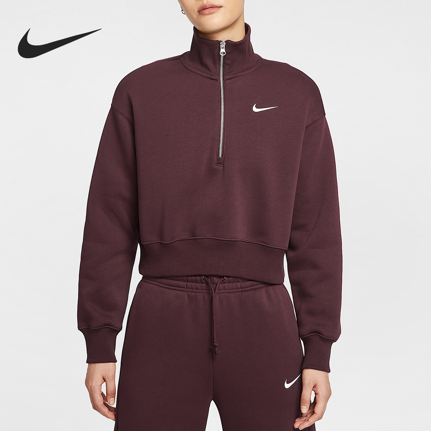 耐克女士宽松加绒短款卫衣