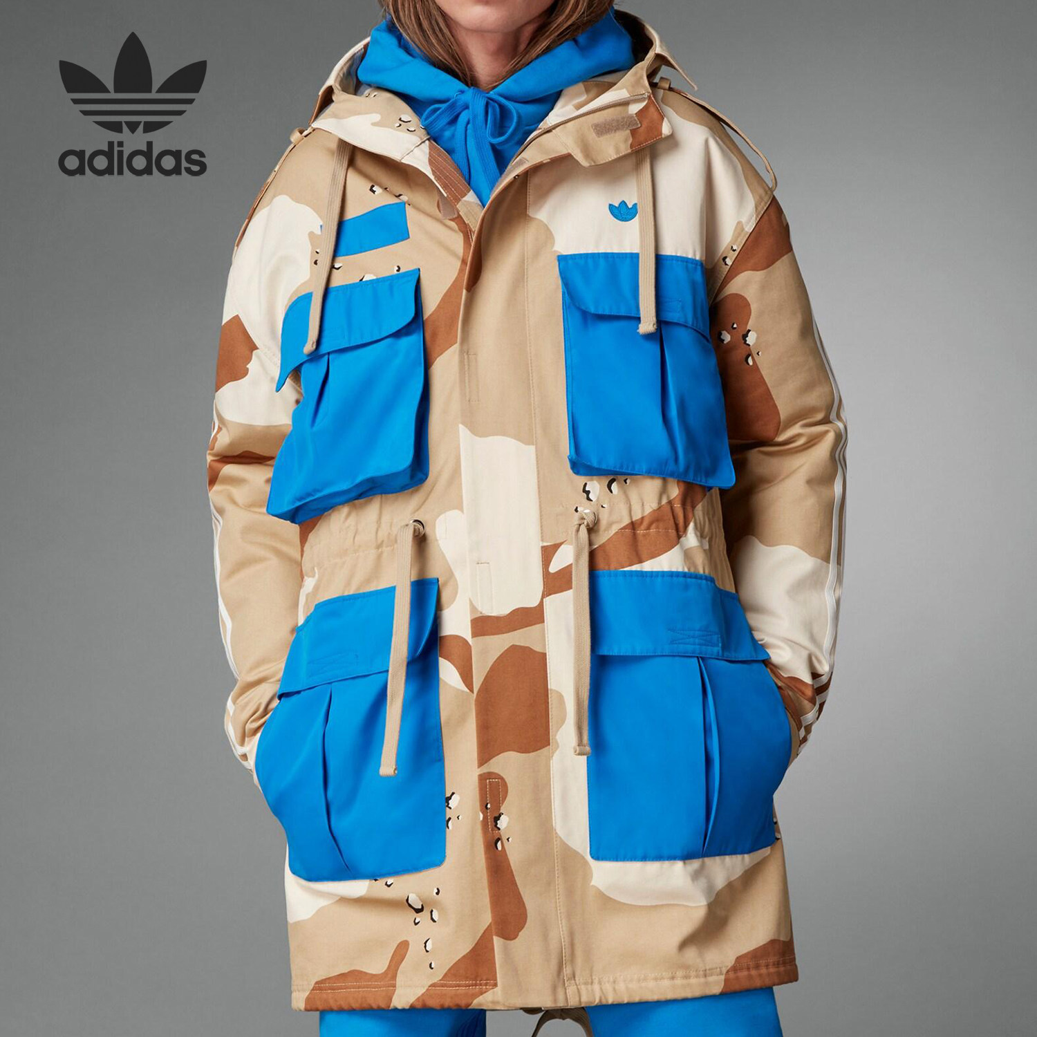 Adidas/阿迪达斯官方正品新款男卡其蓝色迷彩满印夹克外套H33494