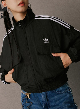Adidas/阿迪达斯正品三叶草女士休闲短款条纹梭织运动外套KG8512