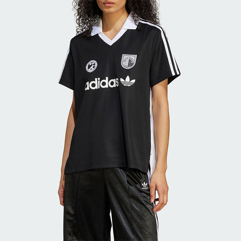 Adidas/阿迪达斯正品三叶草女士经典褶皱拼接翻领短袖T恤JZ6783