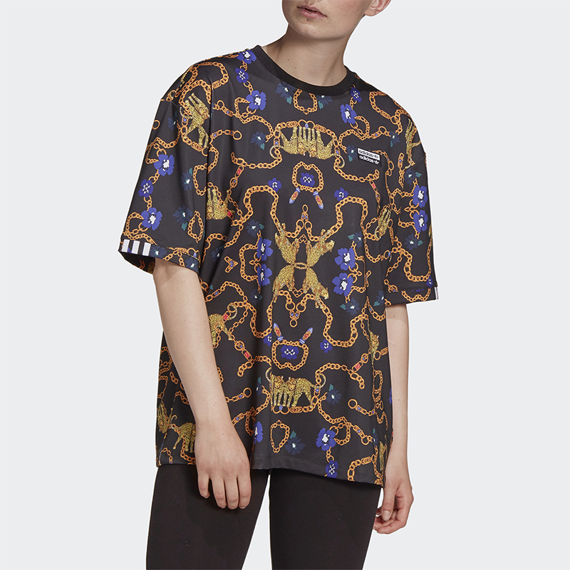 Adidas/阿迪达斯正品三叶草女士透气套头满印印花短袖T恤GD4268