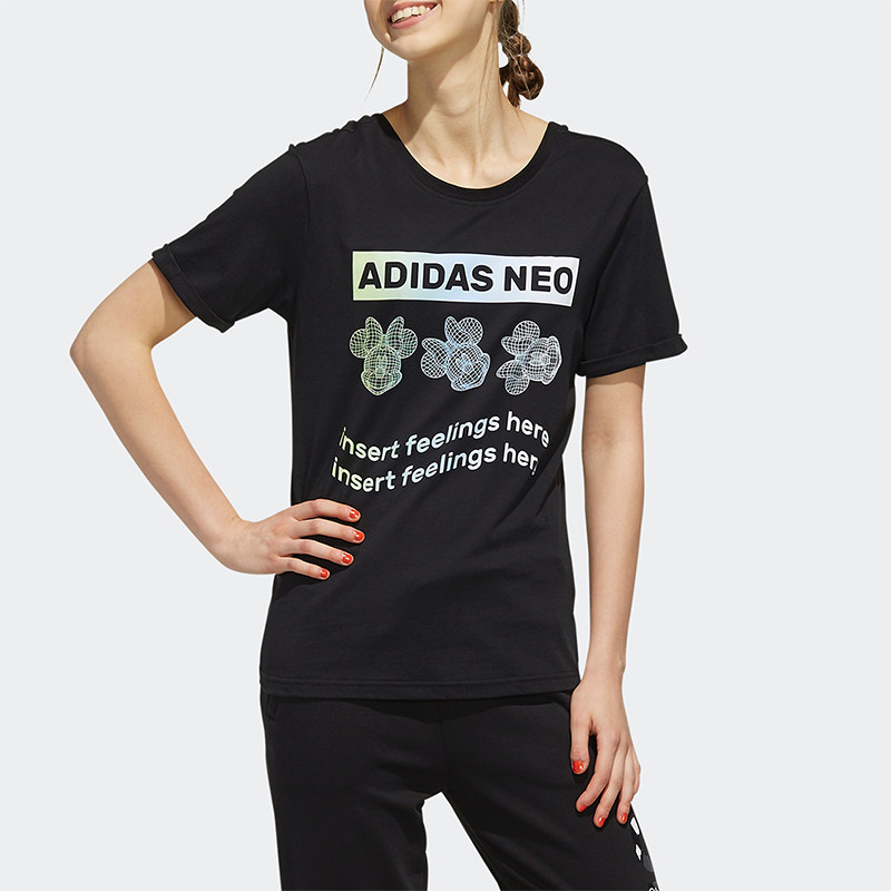 Adidas阿迪达斯正品NEO女运动圆领日常休闲印花透气短袖T恤EI4554