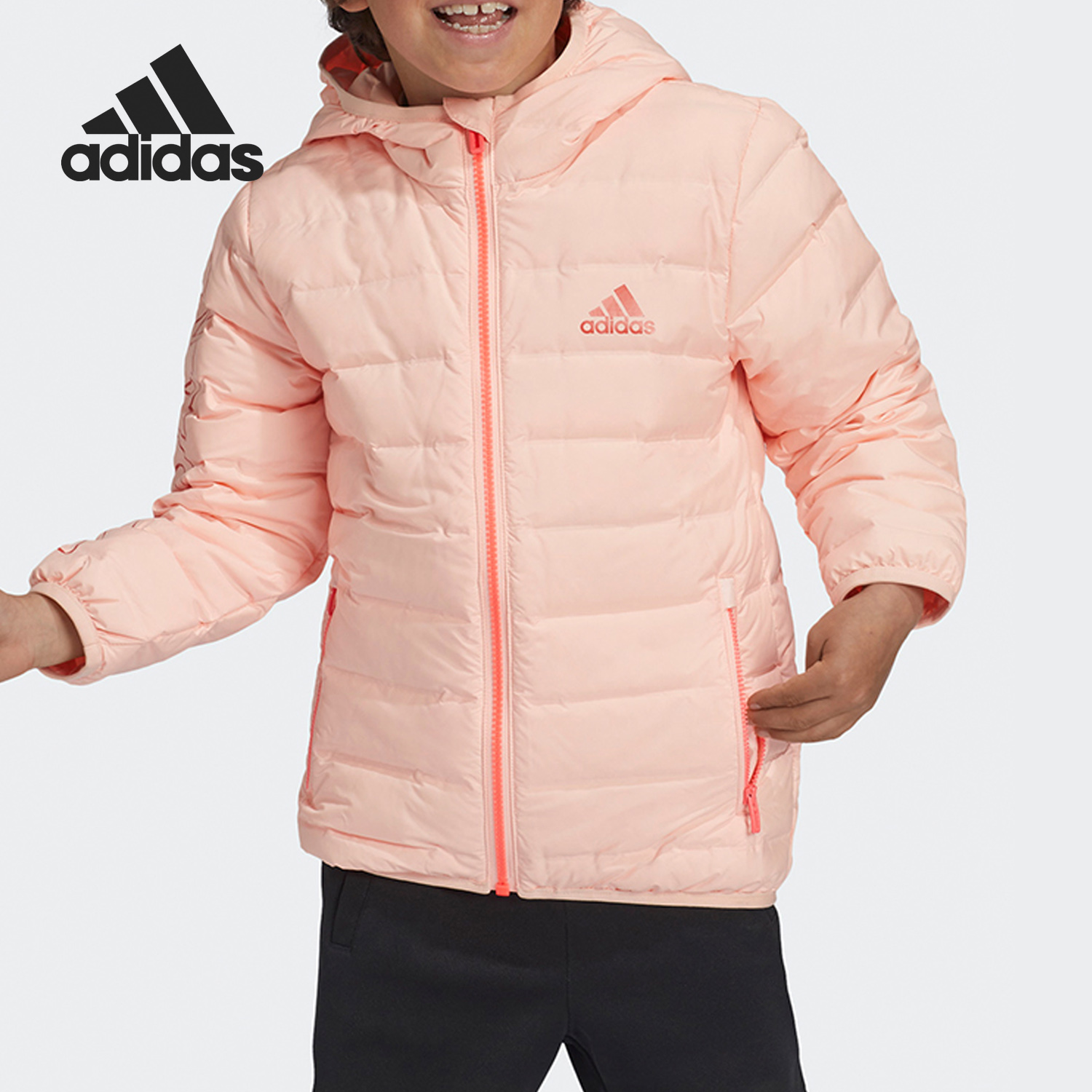 阿迪达斯小童连帽白鸭绒羽绒服