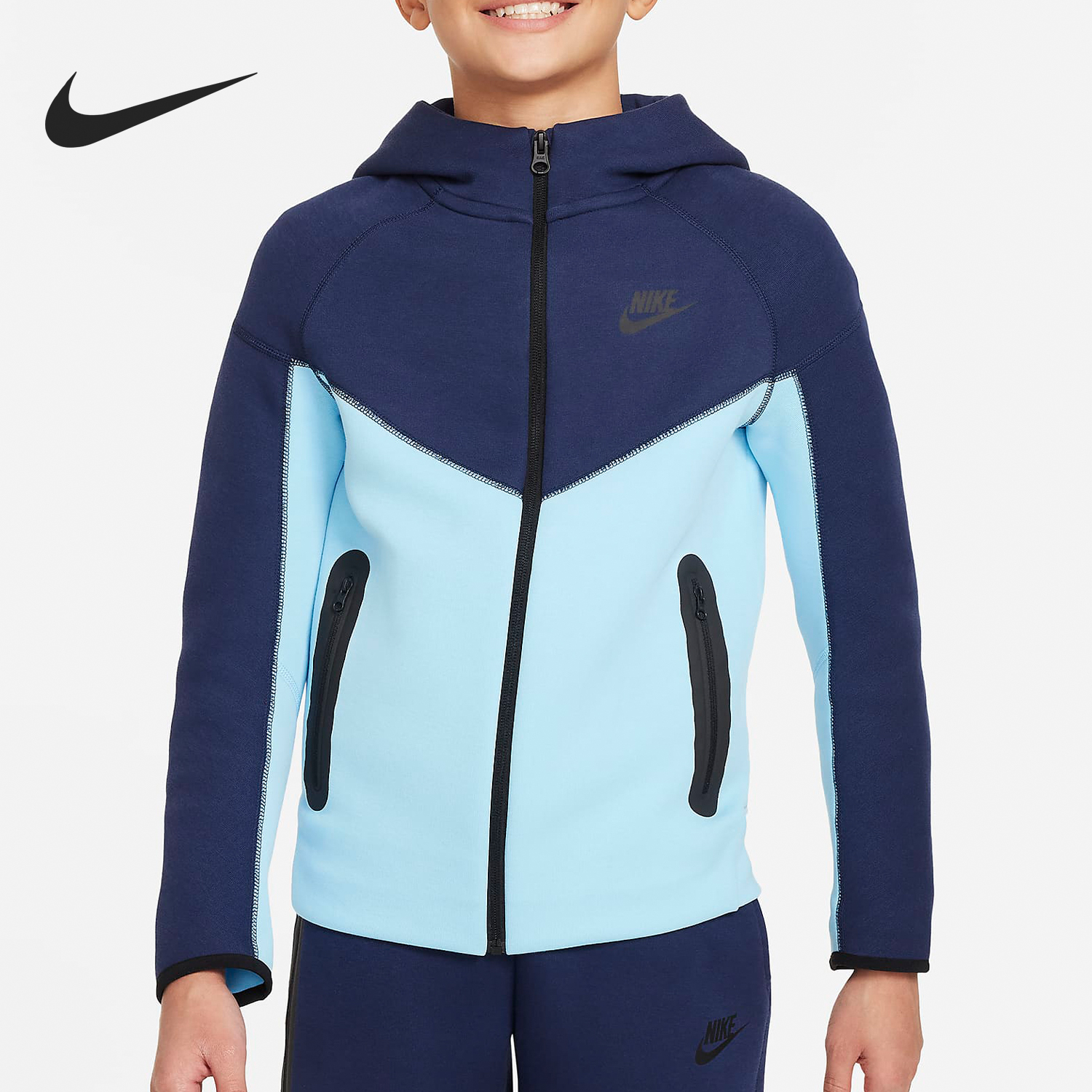 耐克大童拼接开襟连帽衫