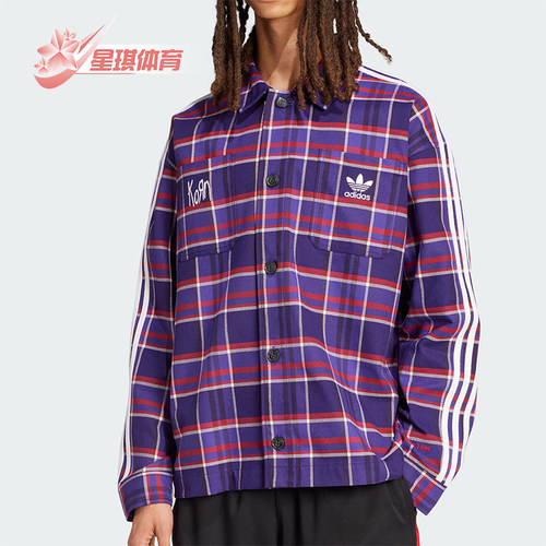 阿迪达斯男士格纹翻领长袖衬衫