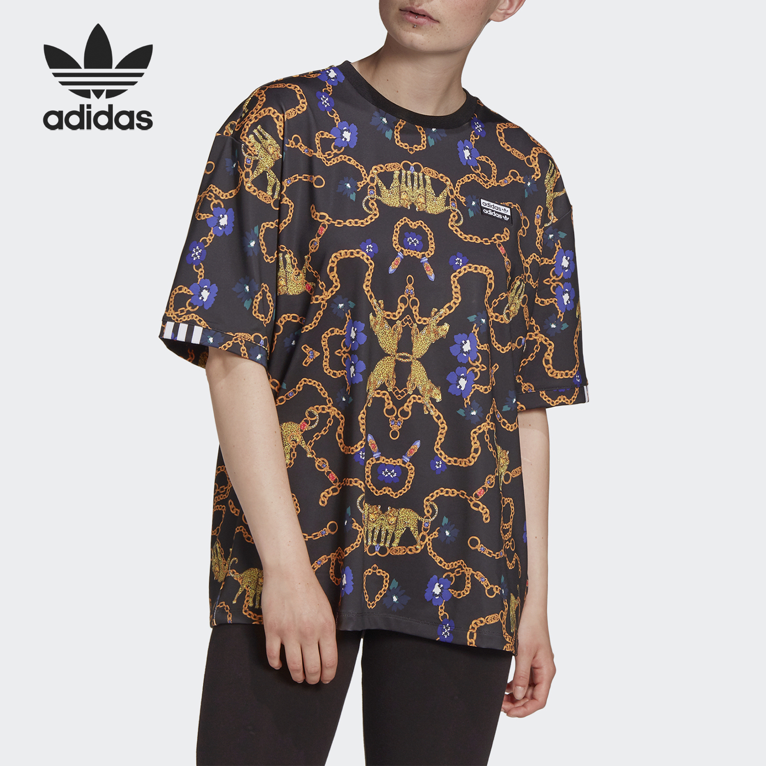 Adidas/阿迪达斯正品三叶草女士透气套头满印印花短袖T恤GD4268