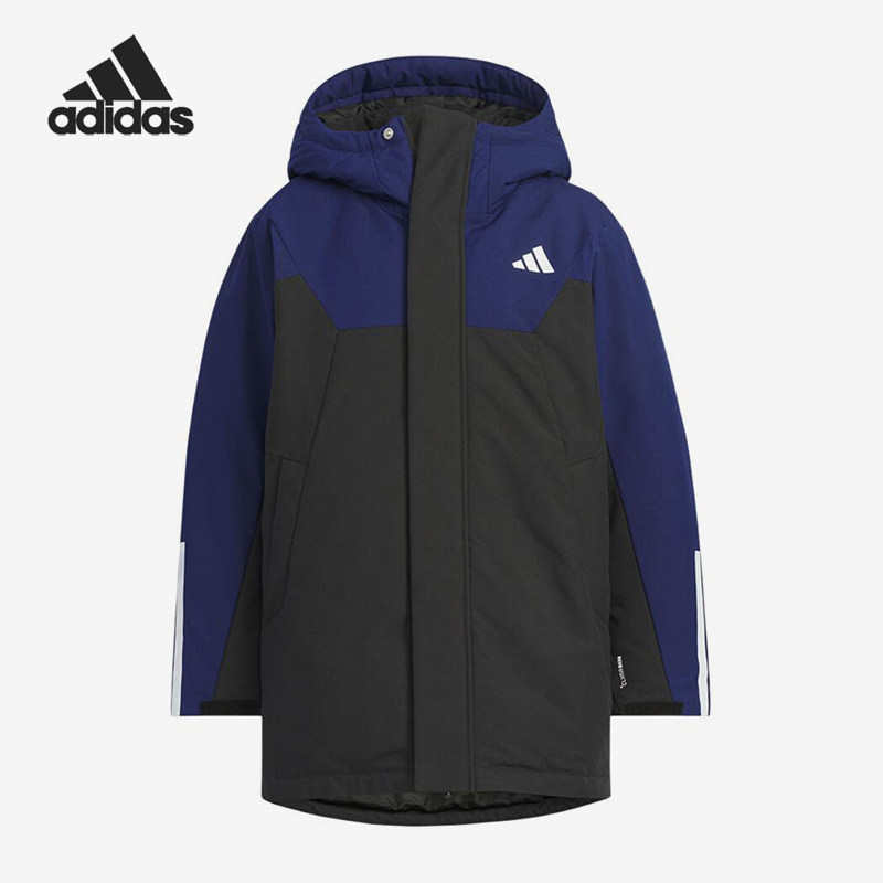 Adidas/阿迪达斯正品152新款儿童蓝黑色保暖经典连帽棉服KC5408