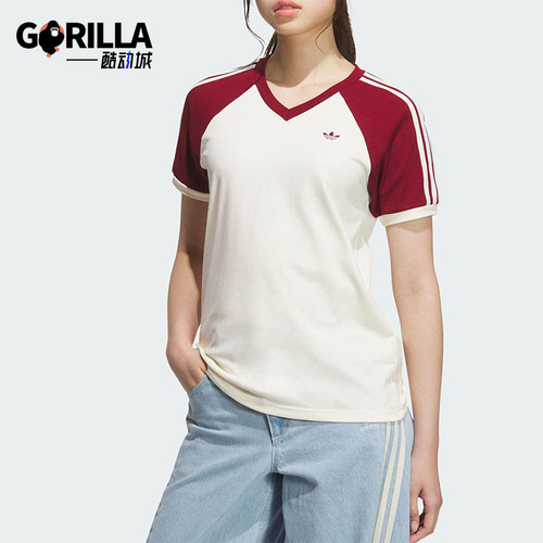 Adidas/阿迪达斯正品三叶草女士V领时尚透气运动拼接短袖KE6163
